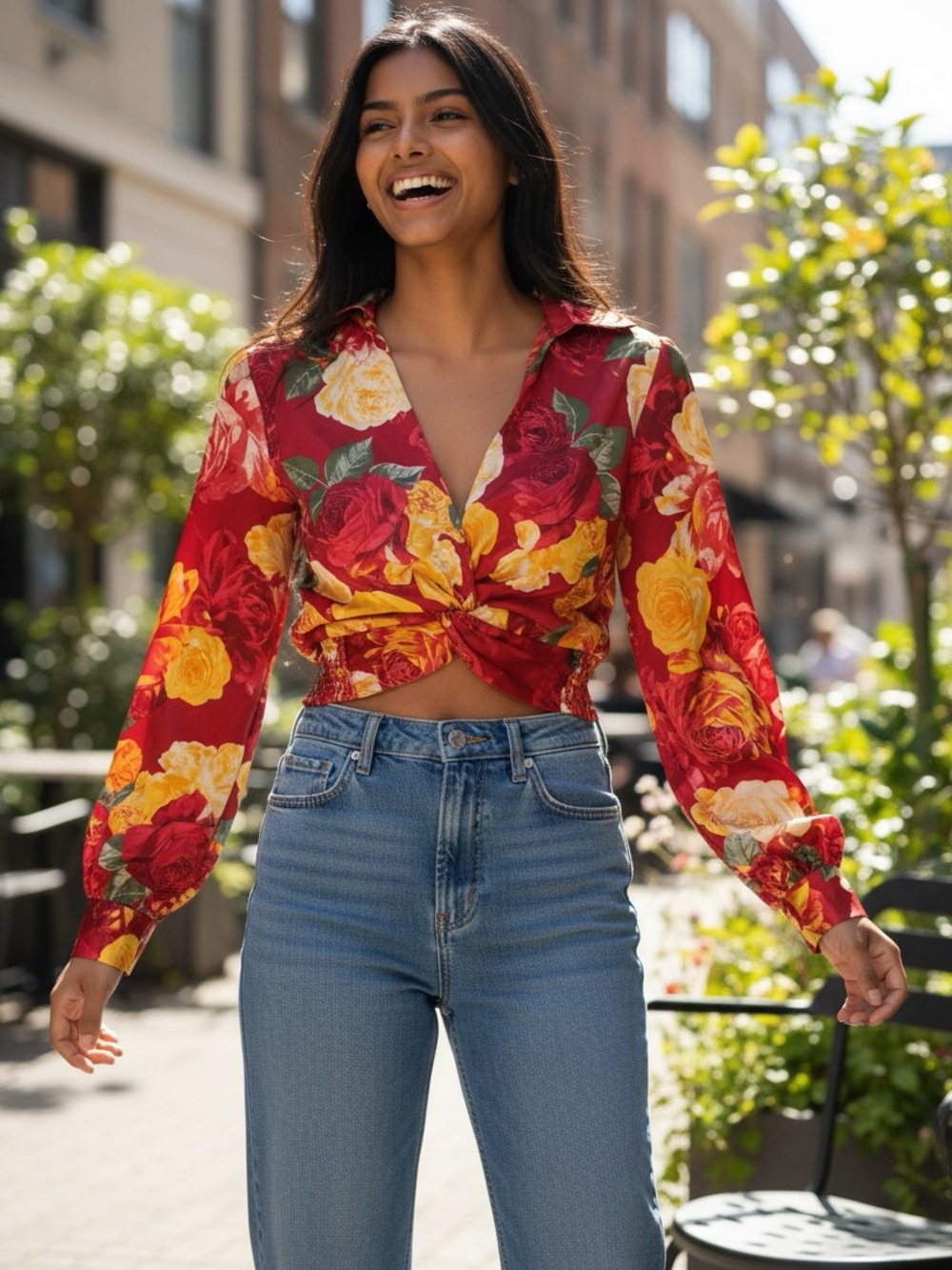 Red Floral Twist-Front Blouse with Yellow Rose Print